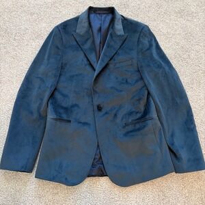 Moss London Velvet Blazer Mens S/M Blue‎ Single Breasted Party Formal Holiday